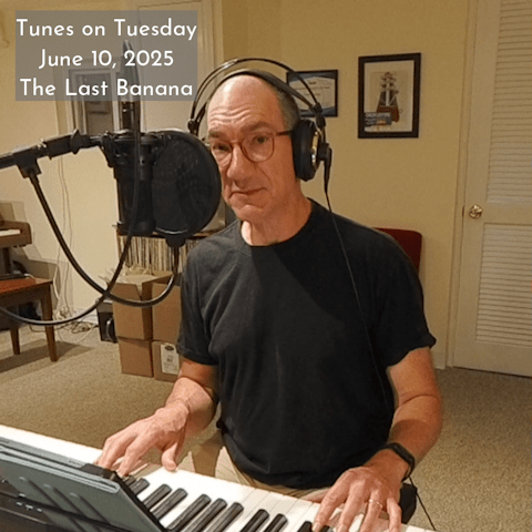 Photo of Oren Levine playing the piano and singing. Text at top left reads 'Tunes on Tuesday June 10, 2025 The Last Banana'