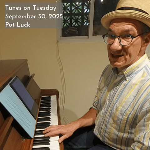 Photo of Oren Levine playing an upright piano. Text at top left reads 'Tunes on Tuesday September 30, 2025 Pot Luck'