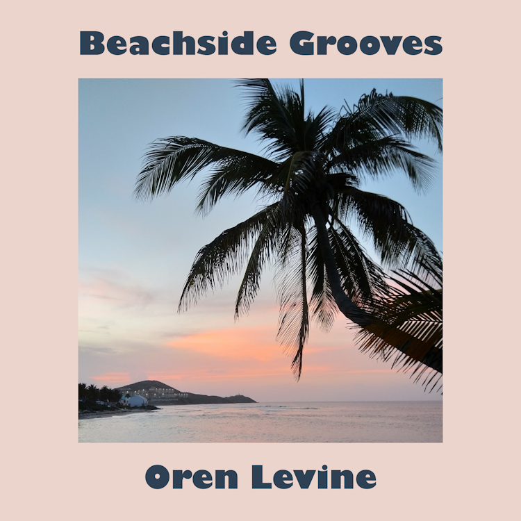 Cover art for Oren Levine's EP "Beachside Grooves." The name and title appear in a pick frame surrounding a photo of a palm tree in silhouette against the background of a sunset over the Caribbean